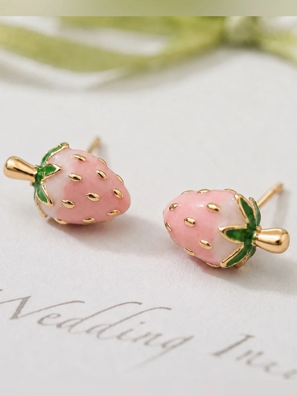 “Pink Strawberry” Juicy Yummy Fruit Fruity Bumpy Seeds Kawaii Dainty Gold Studs - Picture 2 of 7